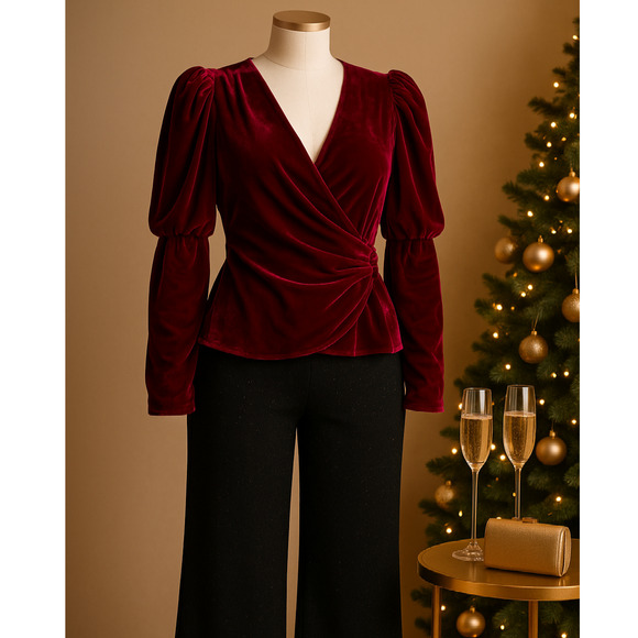 Cinq à Sept Theo Velvet Puff Sleeve Wrap Top Fuschia Sz S Silk Rayon Blend NWT - Picture 2 of 11